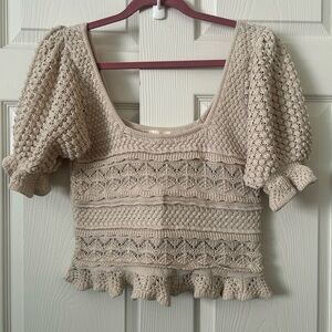 BIBI Square neck puff sleeve crochet top m